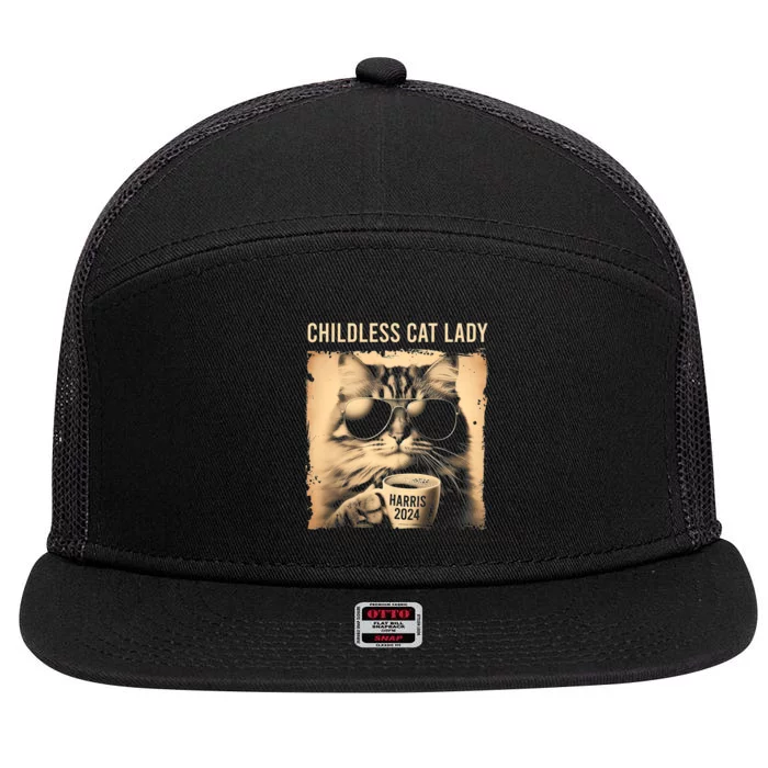 Childless Cat Lady Vintage Coffee Cat 7 Panel Mesh Trucker Snapback Hat