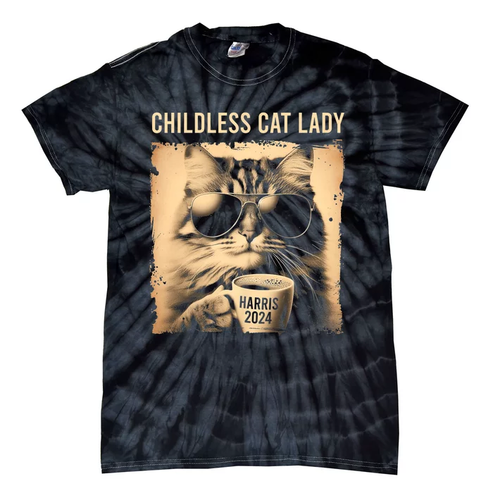 Childless Cat Lady Vintage Coffee Cat Tie-Dye T-Shirt