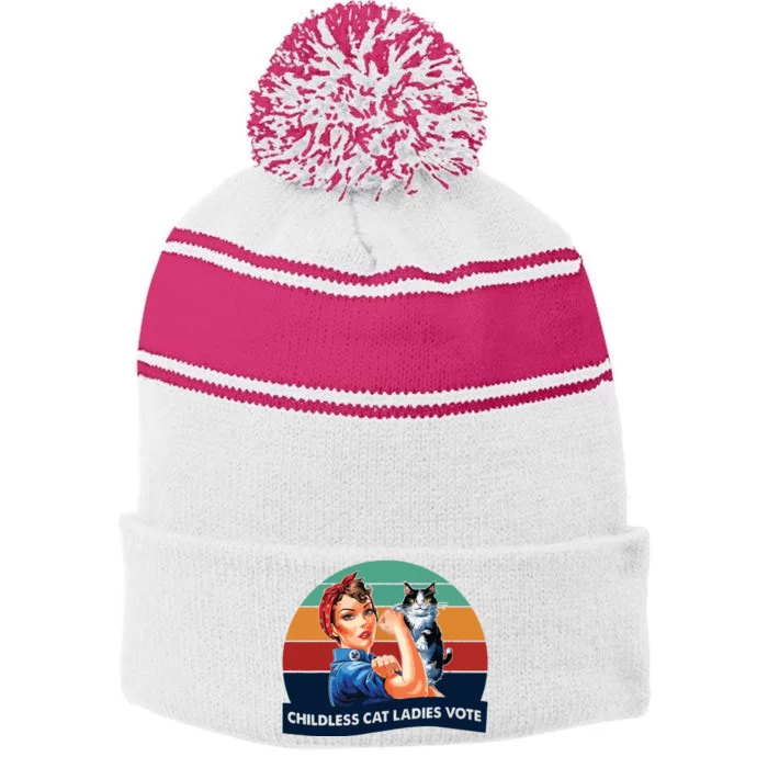 Childless Cat Ladies Vote Stripe Pom Pom Beanie