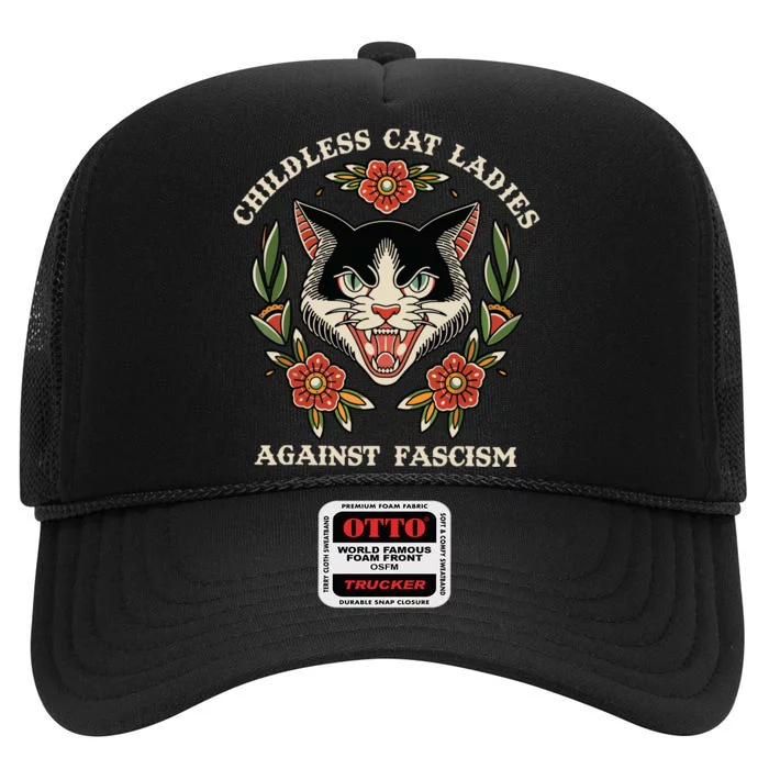 Childless Cat Ladies Against Fascism Flowers High Crown Mesh Trucker Hat