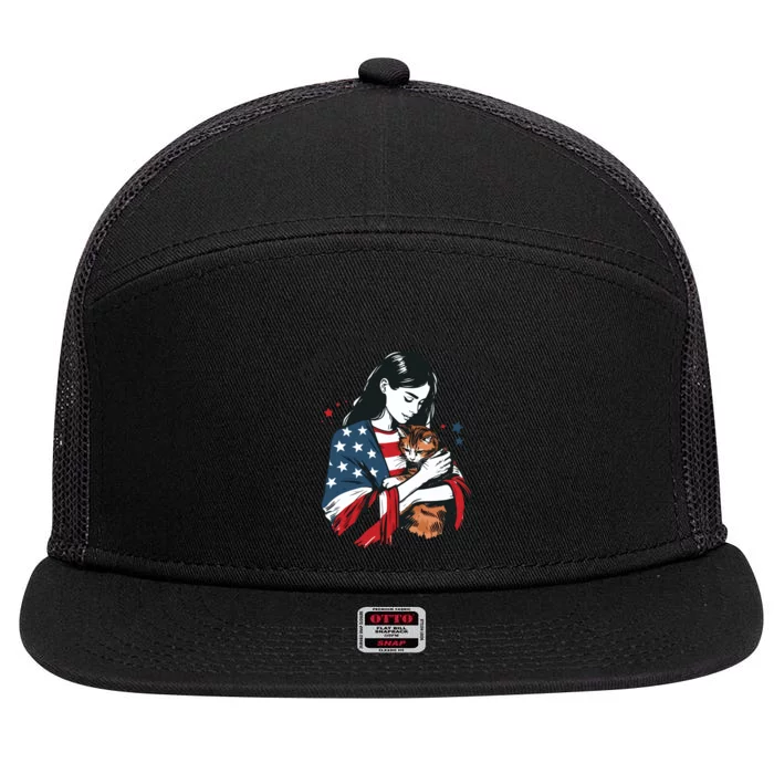 Childless Cat Lady With Patriotic Flair 7 Panel Mesh Trucker Snapback Hat