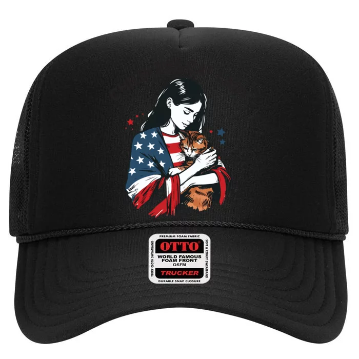 Childless Cat Lady With Patriotic Flair High Crown Mesh Trucker Hat