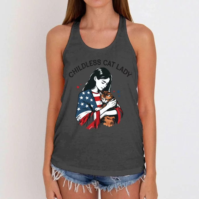 Childless Cat Lady With Patriotic Flair Women's Knotted Racerback Tank