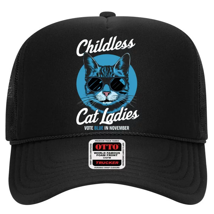 Childless Cat Ladies Vote Blue Graphic High Crown Mesh Trucker Hat