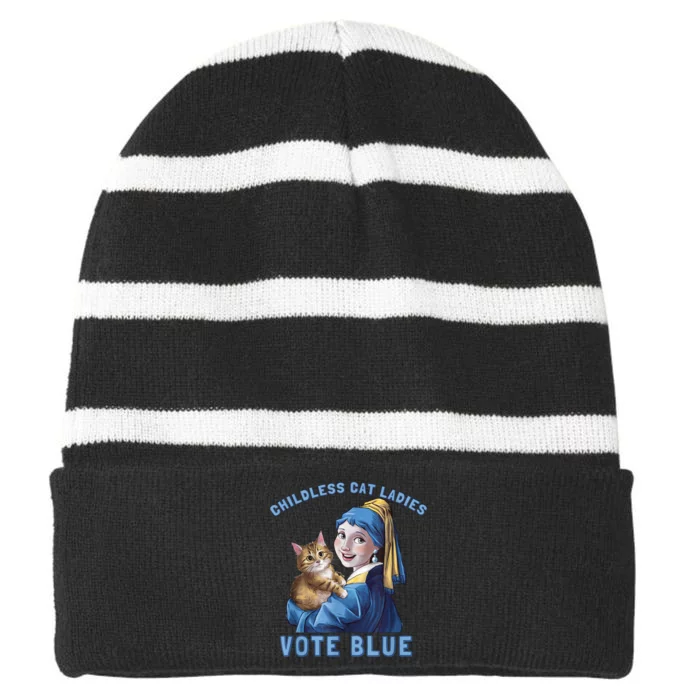 Childless Cat Ladies Vote Blue Girl With A Pearl Striped Beanie with Solid Band