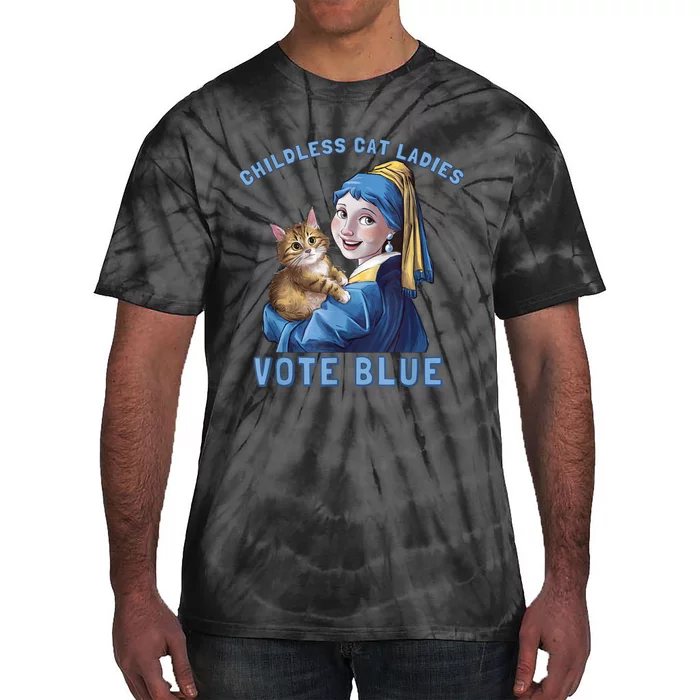 Childless Cat Ladies Vote Blue Girl With A Pearl Tie-Dye T-Shirt