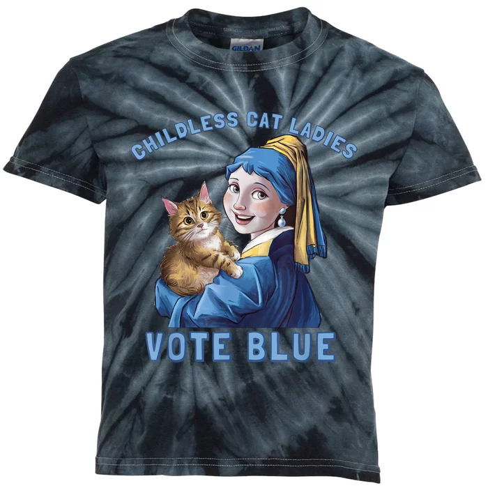 Childless Cat Ladies Vote Blue Girl With A Pearl Kids Tie-Dye T-Shirt