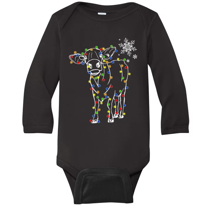 Cow Christmas Light Tree Cow Xmas Snow Lover Baby Long Sleeve Bodysuit