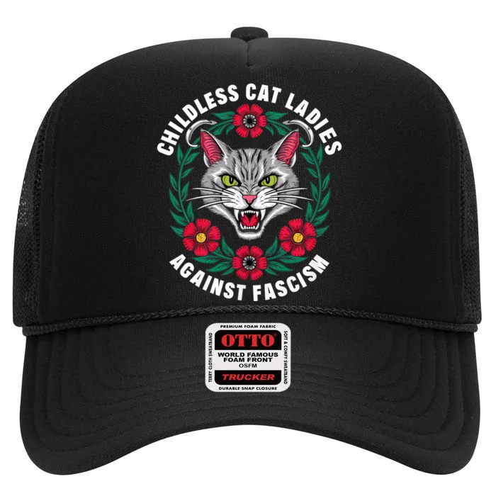 Childless Cat Ladies Against Fascism Flowers High Crown Mesh Trucker Hat