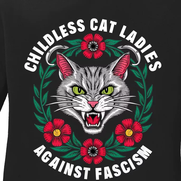 Childless Cat Ladies Against Fascism Flowers Ladies Long Sleeve Shirt