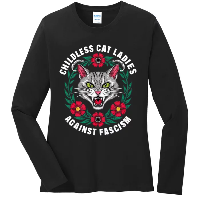 Childless Cat Ladies Against Fascism Flowers Ladies Long Sleeve Shirt