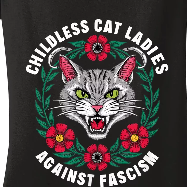 Childless Cat Ladies Against Fascism Flowers Women's V-Neck T-Shirt