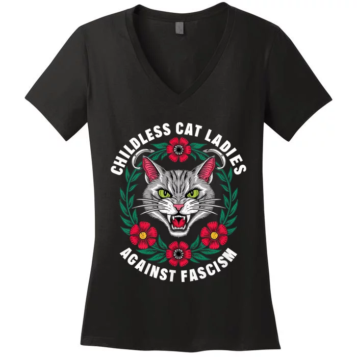 Childless Cat Ladies Against Fascism Flowers Women's V-Neck T-Shirt