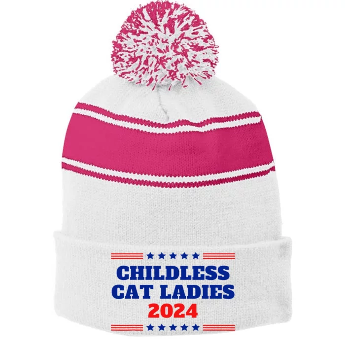 Childless Cat Ladies Funny Sarcastic Kamala Voter Quote 2024 Stripe Pom Pom Beanie