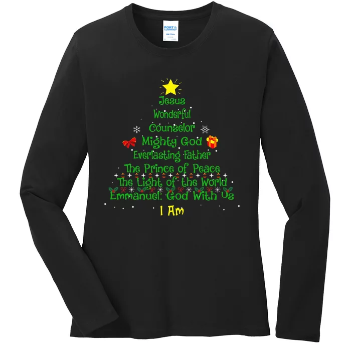 Christian Christmas Lover Bible Names of Jesus Tree Ladies Long Sleeve Shirt