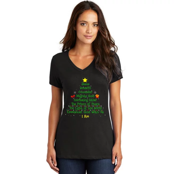 Christian Christmas Lover Bible Names of Jesus Tree Women's V-Neck T-Shirt