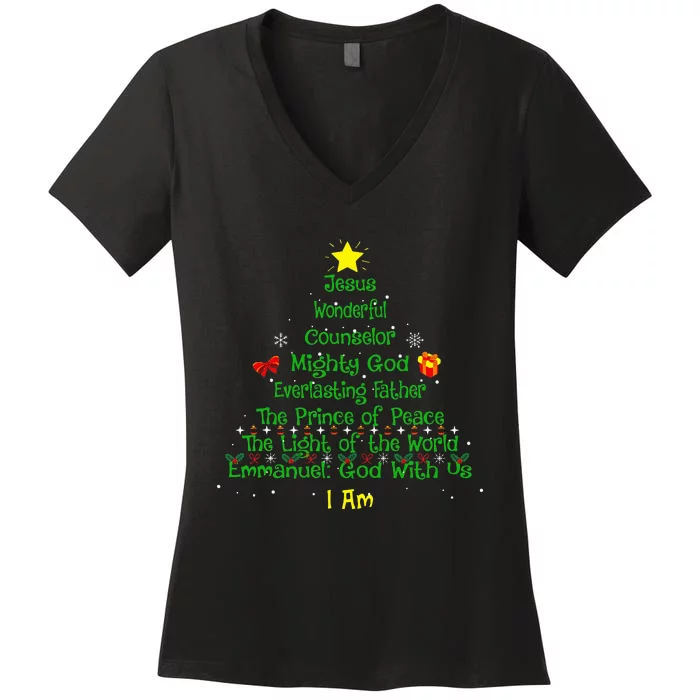 Christian Christmas Lover Bible Names of Jesus Tree Women's V-Neck T-Shirt