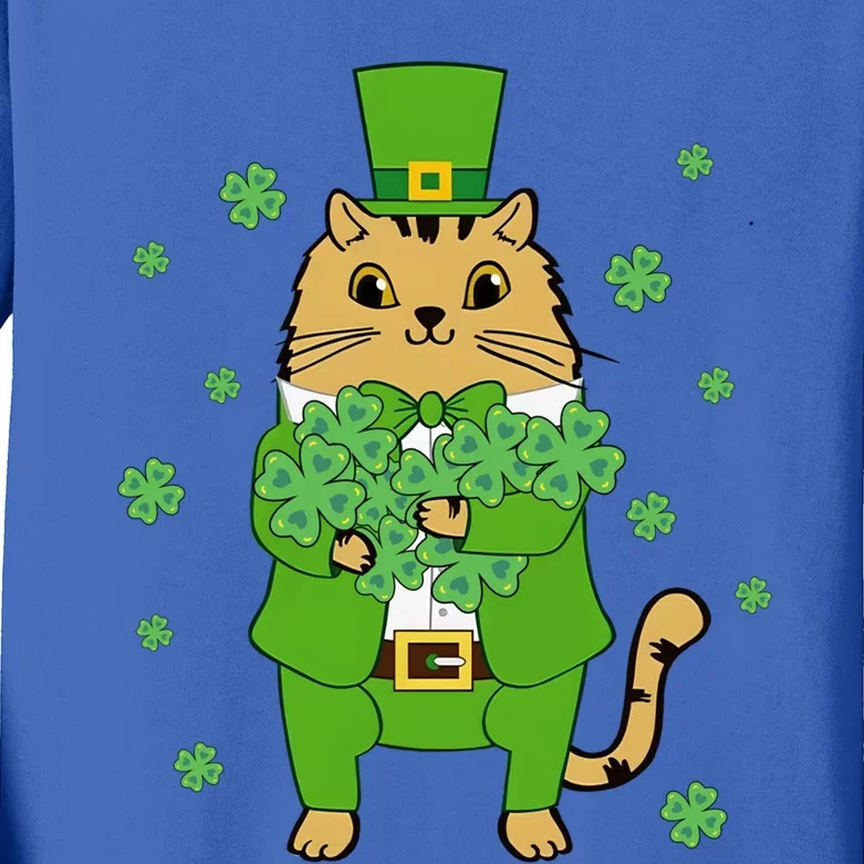 Cute Cat Leprechaun Lucky Shamrock Clover St Patrick's Day Cool Gift Kids Long Sleeve Shirt