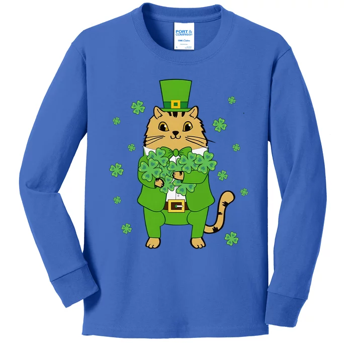 Cute Cat Leprechaun Lucky Shamrock Clover St Patrick's Day Cool Gift Kids Long Sleeve Shirt