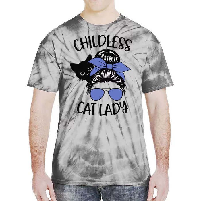 Childless Cat Lady Messy Bun Cat Mom Gift Tie-Dye T-Shirt