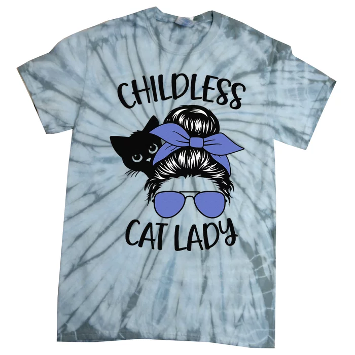 Childless Cat Lady Messy Bun Cat Mom Gift Tie-Dye T-Shirt