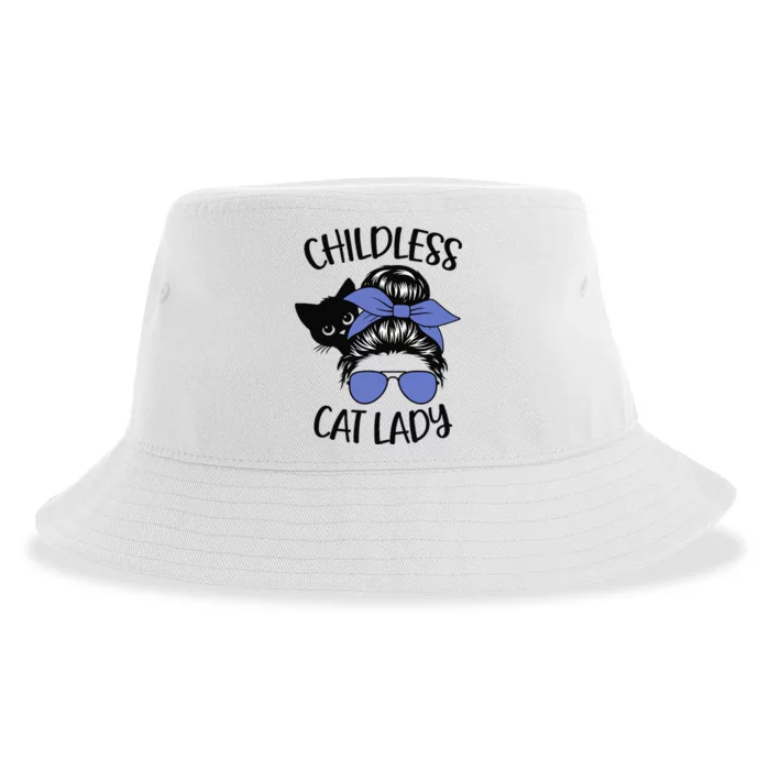 Childless Cat Lady Messy Bun Cat Mom Gift Sustainable Bucket Hat