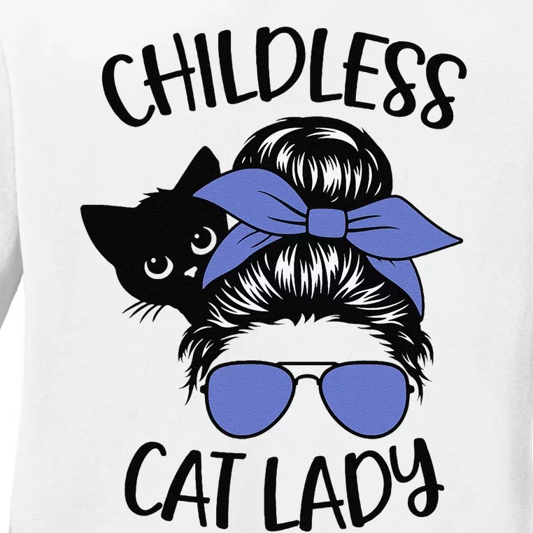 Childless Cat Lady Messy Bun Cat Mom Gift Ladies Long Sleeve Shirt