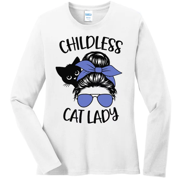 Childless Cat Lady Messy Bun Cat Mom Gift Ladies Long Sleeve Shirt