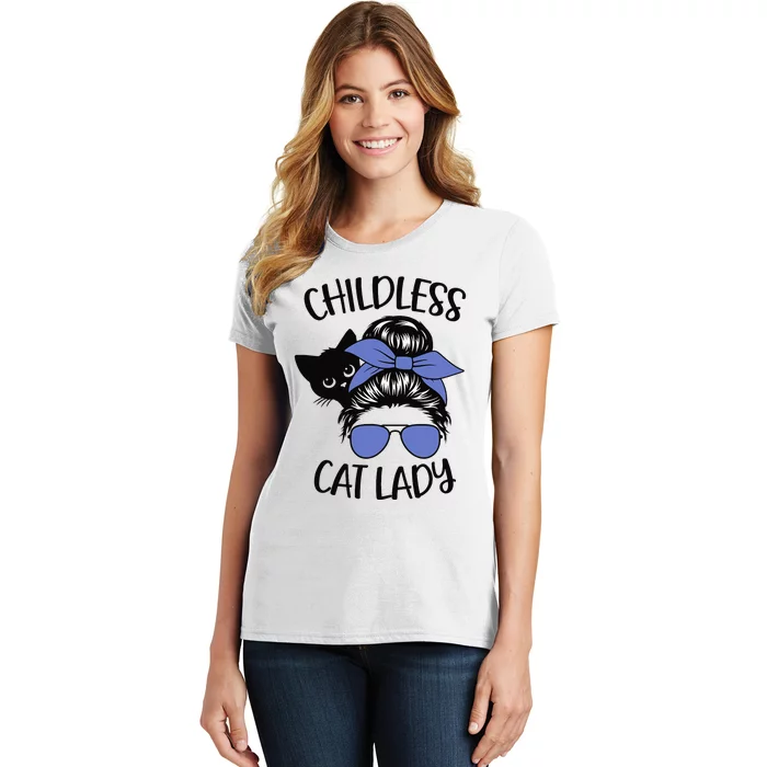 Childless Cat Lady Messy Bun Cat Mom Gift Women's T-Shirt