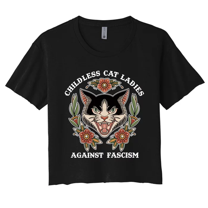 Childless Cat Ladies Against Fascism Funny Cat Feminist Women's Crop Top Tee