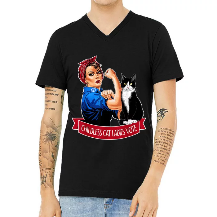 Childless Cat Ladies Vote Rosie The Riveter V-Neck T-Shirt