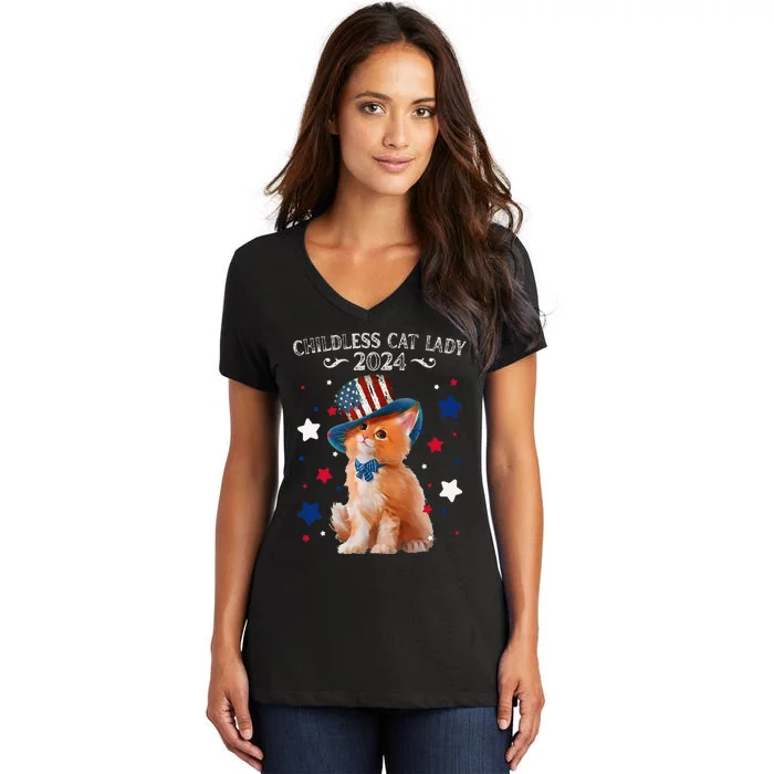 Childless Cat Lady 2024 Ladies Voting Kamala Cat Us Flag Hat Women's V-Neck T-Shirt