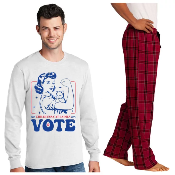 Childless Cat Ladies Vote Retro Election 2024 Usa Long Sleeve Pajama Set