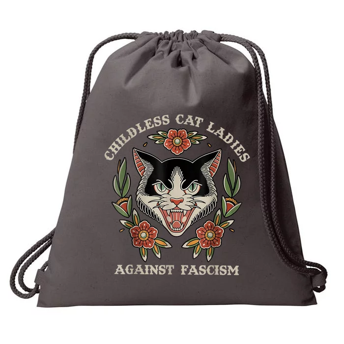 Childless Cat Ladies Against Fascism Flowers Drawstring Bag