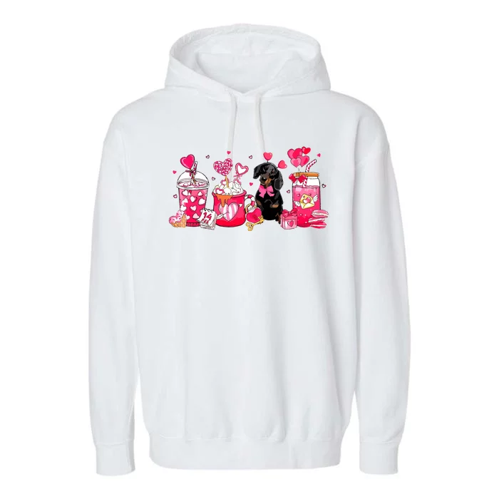 Cute Coffee Latte Dachshund Valentines Day Puppy Dog Lover Garment-Dyed Fleece Hoodie