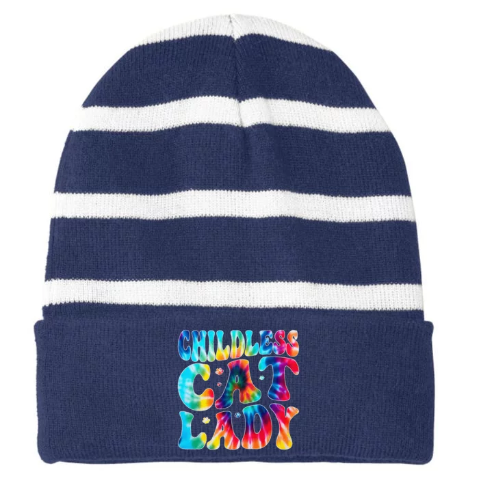 Childless Cat Lady Groovy Tie Dye Striped Beanie with Solid Band