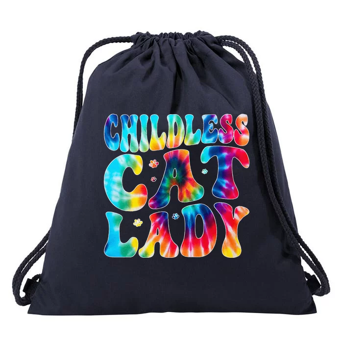 Childless Cat Lady Groovy Tie Dye Drawstring Bag