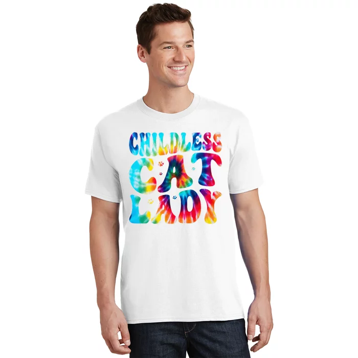 Childless Cat Lady Groovy Tie Dye T-Shirt