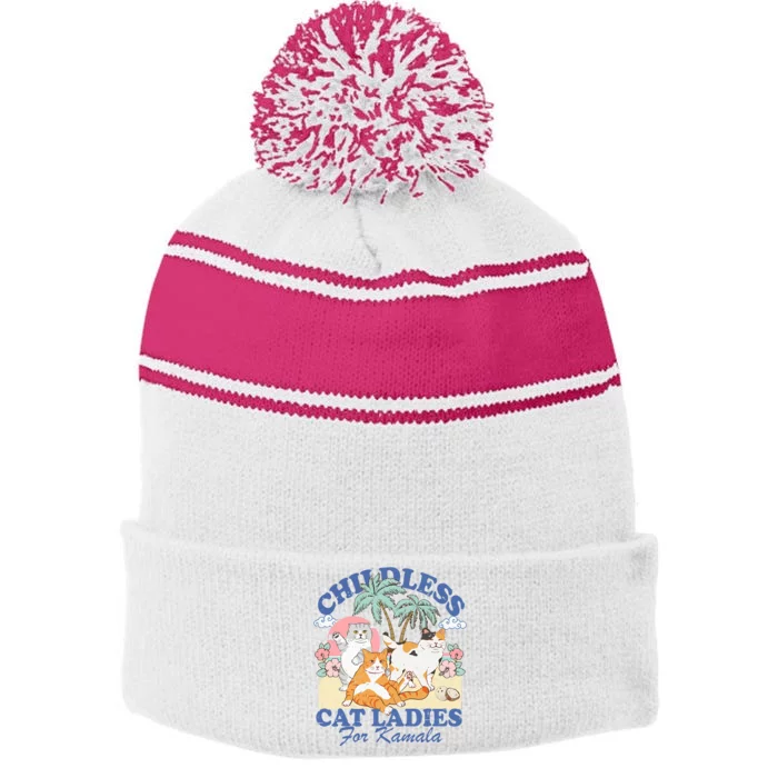 Childless Cat Lady For Kamala Harris 2024 Election Funny Cat Stripe Pom Pom Beanie