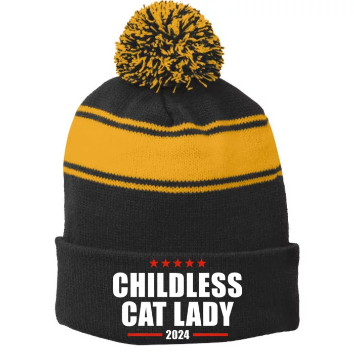 Childless Cat Lady 2024 Childless Cat Lady Stripe Pom Pom Beanie