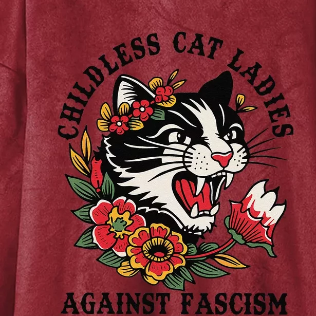 Childless Cat Ladies Against Fascism Feminist Hooded Wearable Blanket