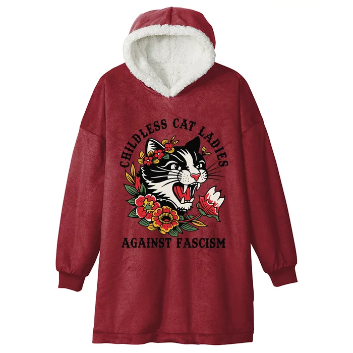 Childless Cat Ladies Against Fascism Feminist Hooded Wearable Blanket