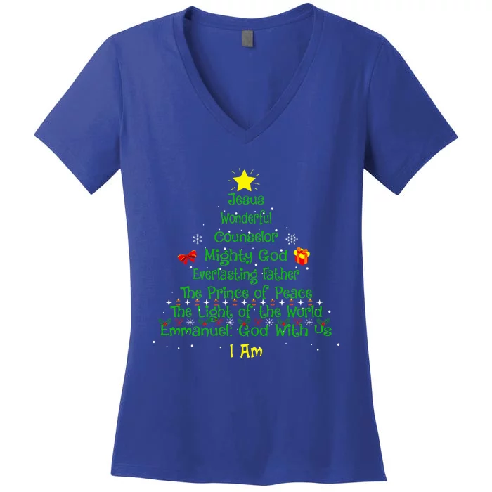 Christian Christmas Lover Bible Names of Jesus Tree Xmas Women's V-Neck T-Shirt