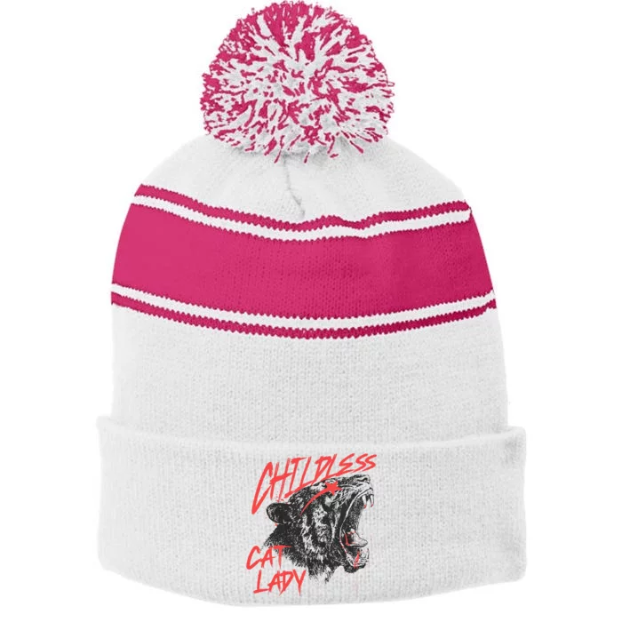 Childless Cat Lady Stripe Pom Pom Beanie