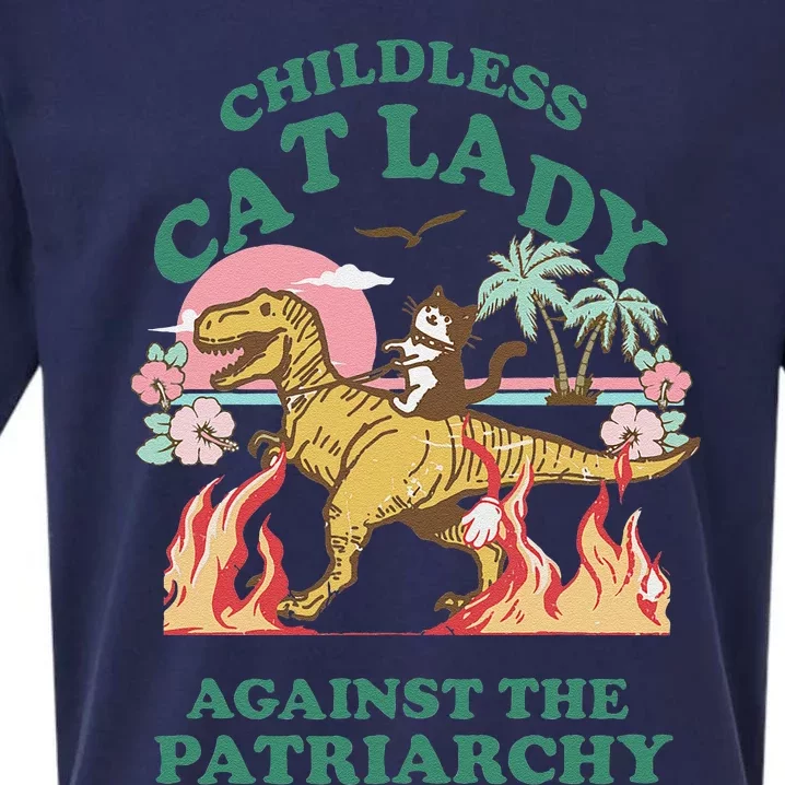 Childless Cat Lady Against The Patriarchy Cat Riding Dino Gift Sueded Cloud Jersey T-Shirt