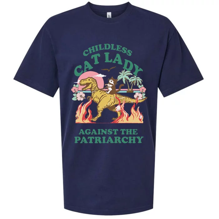 Childless Cat Lady Against The Patriarchy Cat Riding Dino Gift Sueded Cloud Jersey T-Shirt