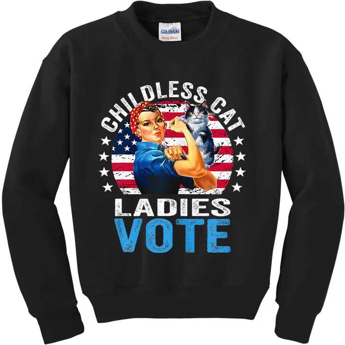 Childless Cat Ladies Vote Funny Vintage Rosie The Riveter Kids Sweatshirt