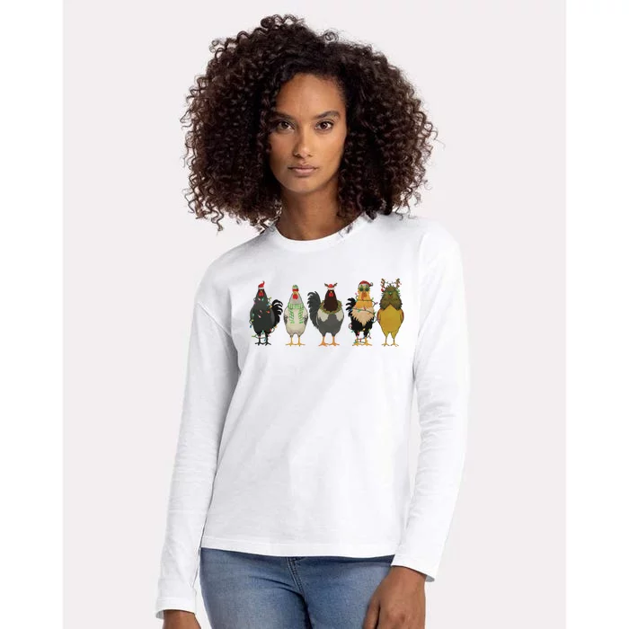 Chicken Christmas Lights Farm Animal Christmas Funny Chicken Lover Xmas Womens Cotton Relaxed Long Sleeve T-Shirt