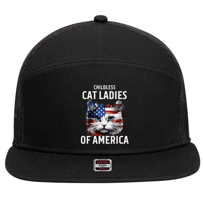 Childless Cat Lady Of America Kamala Harris 2024 Us Flag 7 Panel Mesh Trucker Snapback Hat