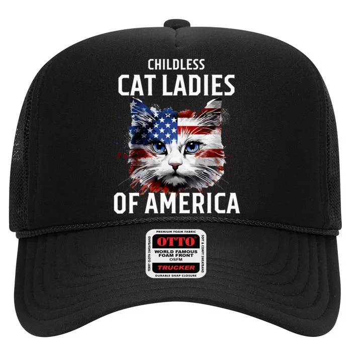 Childless Cat Lady Of America Kamala Harris 2024 Us Flag High Crown Mesh Trucker Hat